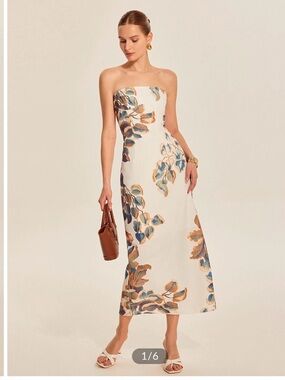 NWT* Commense Strapless Floral Midi Dress in Cream, Blue and Brown